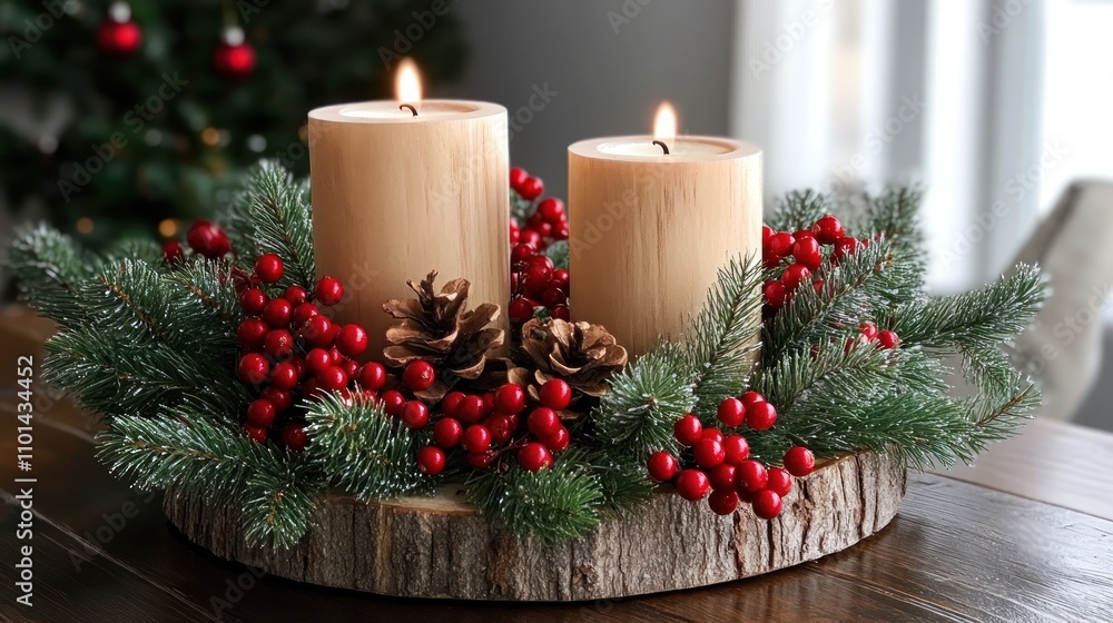 Cozy and warm Christmas centerpiece with red berries, pine sprigs, and wooden candle holders Cozy and warm Christmas centerpiece with red berries, pine sprigs, and wooden candle holders