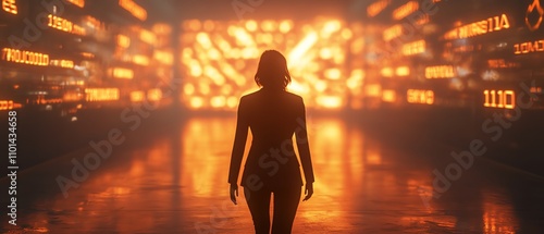 Silhouetted businesswoman with arrowshaped light in the background, symbolizing empowerment, direction, and aspiration, dark setting, 3D render photo