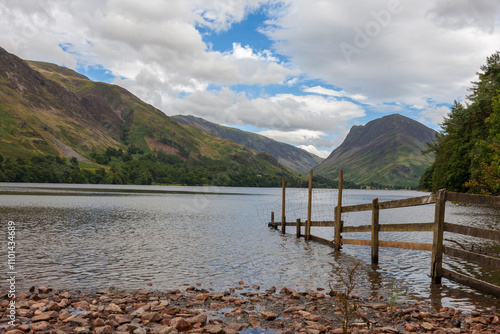 Buttermere, looking east towards Honister Pass, with Buttermere Fells on the left and Fleetwith Pike to the right, Lake District, Cumbria, UK