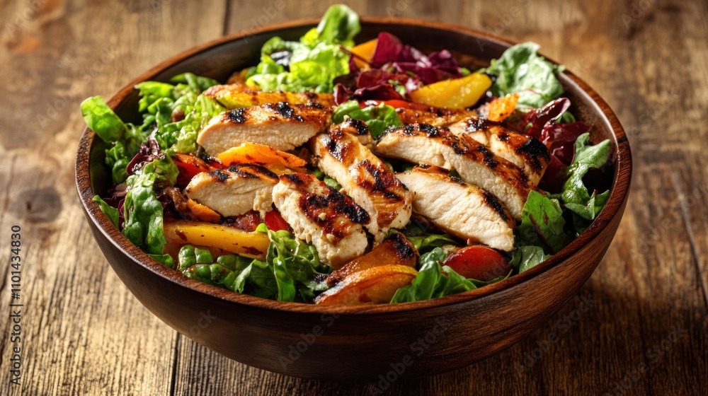 Grilled Chicken Salad in a Wooden Bowl Grilled Chicken Salad in a Wooden Bowl