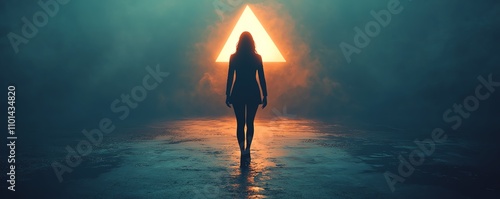 Silhouetted businesswoman with an arrowshaped light beacon in the background, dark setting, symbolizing career direction and aspiration, 3D render photo