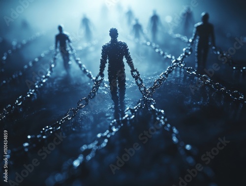 Many people walking in chains together in a dark room