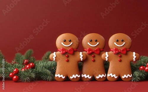 Gingerbread men characters in holiday attire, festive background, 3D illustration photo