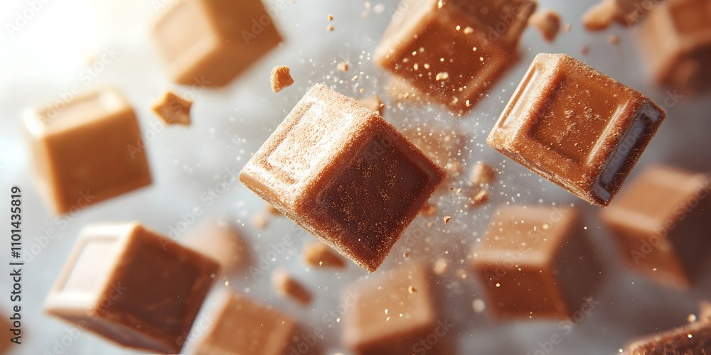 Milk Chocolate Cubes in Motion, A Deliciously Sweet Abstract Background Milk Chocolate Cubes in Motion, A Deliciously Sweet Abstract Background