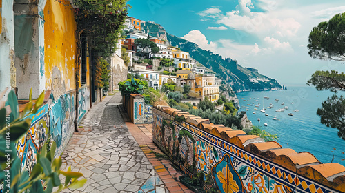  Italian coast landscape, Amalfi beach and colorful ethnic ceramic tiles. Summer, sea life. 300 DPI