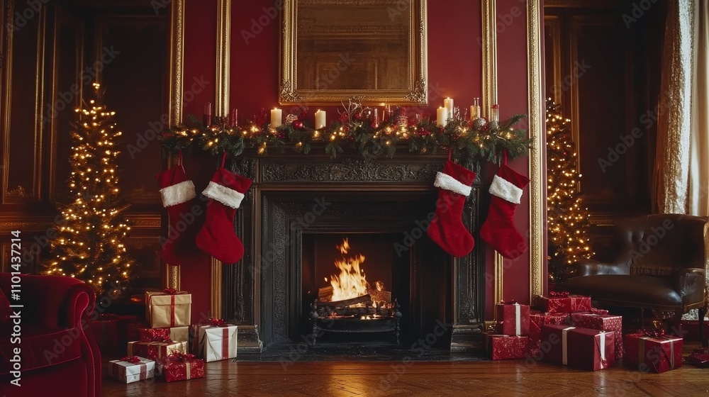 Luxurious Christmas Fireplace Decorated with Gifts and Stocking Luxurious Christmas Fireplace Decorated with Gifts and Stocking