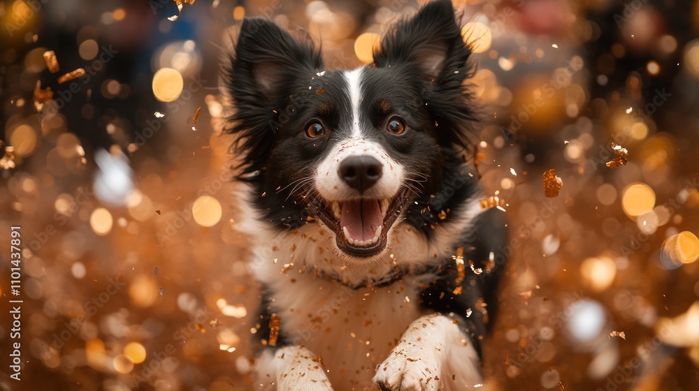 Happy Border Collie running through golden confetti. Happy Border Collie running through golden confetti.