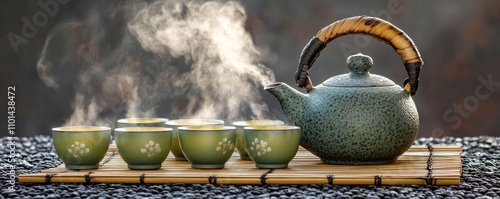 A teapot with steaming cups on a bamboo mat, evoking a serene tea-drinking experience.