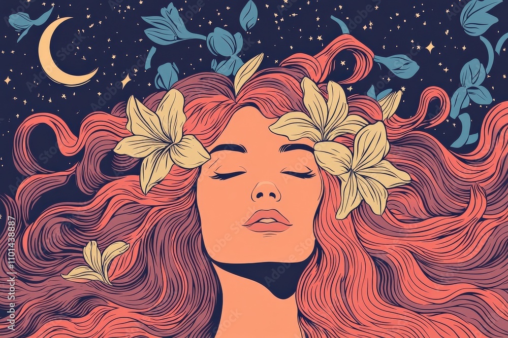 Naklejka premium Dreamy portrait of a serene woman with flowing hair, adorned with a floral crown, under a starry night sky with a crescent moon and whimsical foliage design.