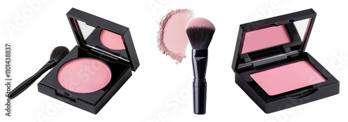 Three blush compacts and a brush, showcasing various shades of pink makeup products.