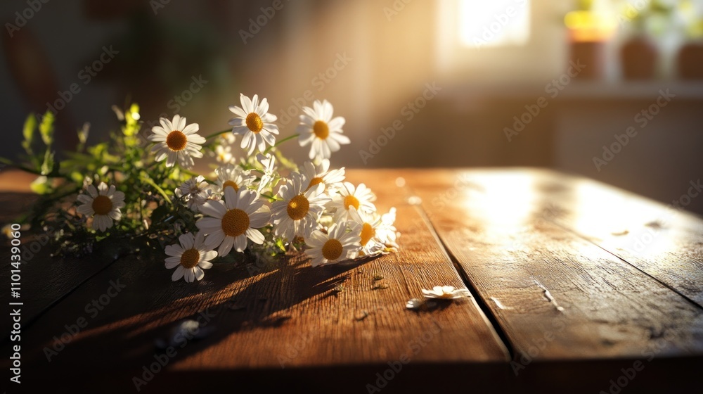 Sunlit Daisies on Rustic Wooden Table Sunlit Daisies on Rustic Wooden Table
