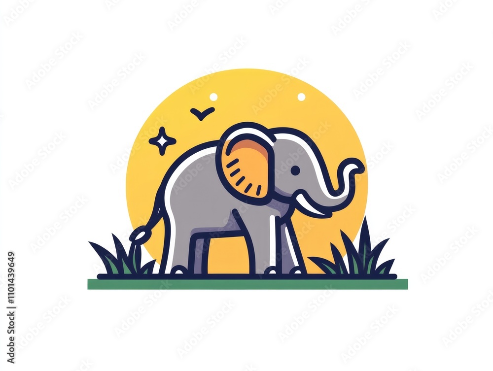 Fototapeta premium Cute cartoon of a gray elephant with tropical leaves and yellow sun on a white background, ideal for childrenÕs projects, greeting cards, and playful summer decor...