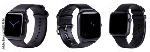 Three sleek black smartwatches showcasing different designs and features. photo