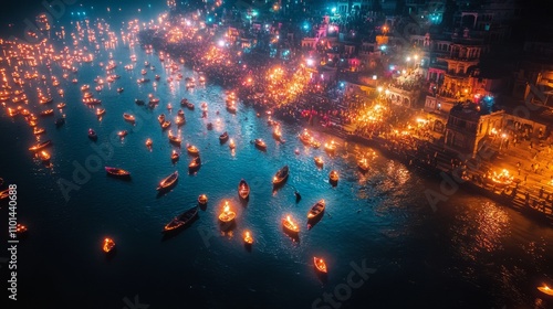 Aerial View of Varanasi Ghats Illuminated for Dev Diwali and Other Festive Nights photo