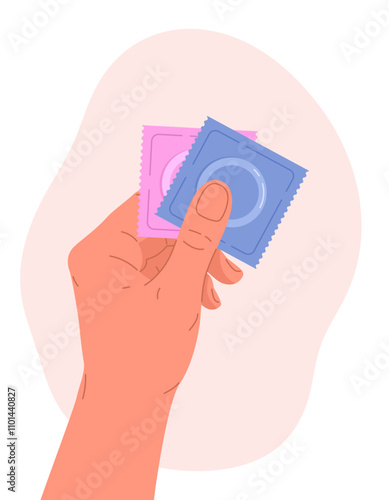 Person hand holding male condoms package. Concept of contraception method, protection against infections, prevention HIV and AIDS, unwanted pregnancy, safe sex. Vector flat illustration