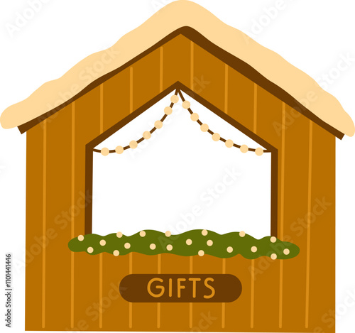 Christmas market stall. Wooden chalet, outdoor kiosk, shop. Winter holiday stand, wood booth with Xmas drink, food and gifts. Flat graphic vector illustrations isolated on white background