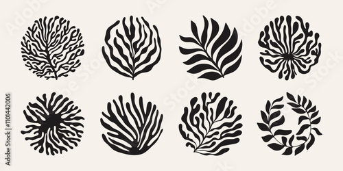 Abstract organic flower elements. Modern floral coral shapes with wavy curves and groovy outlines, naive art spring blossom decor. Vector set