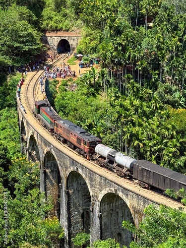 Aerial view of a train driving across Nine arch bridge (Bridge in the Sky), Ella, Uva Provence, Sri Lanka photo