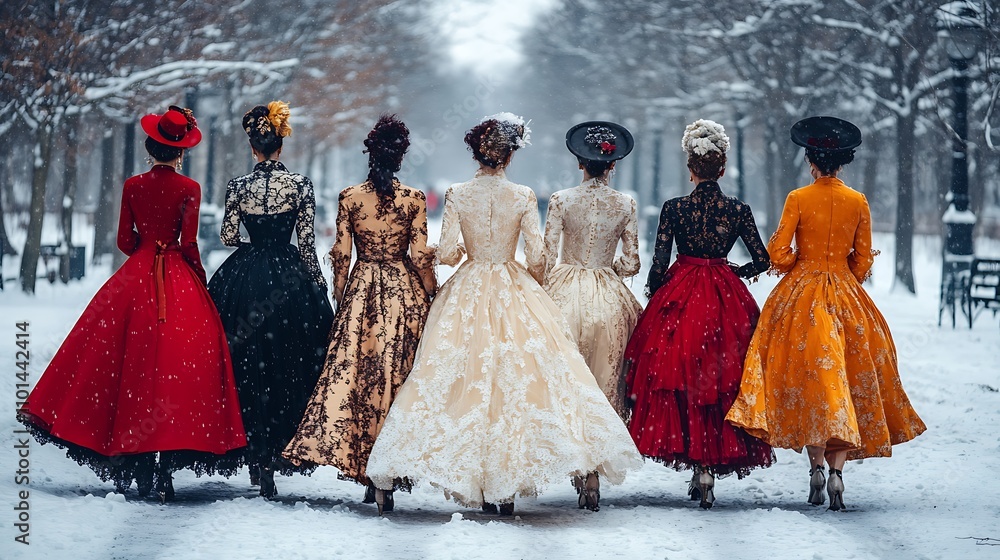 Fototapeta premium A group of women in elegant winter dresses and eye-catching statement coats, walking through a winter park covered in snow 