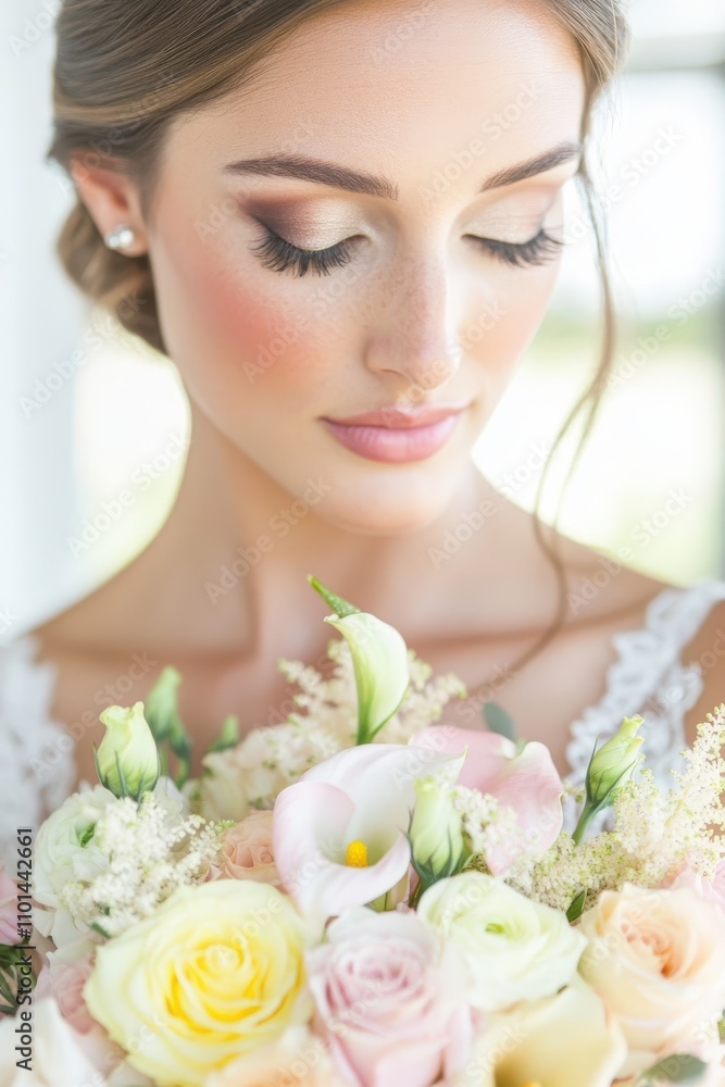 Naklejka premium Beautiful Bride with Natural Makeup Holding an Elegant Bouquet of Pastel Flowers Against a Soft Background in a Romantic Setting