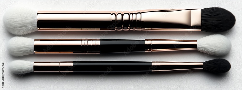 A Chic Arrangement of Black and Rose Gold Makeup Brushes on a White Background.Concept of Beauty,makeup,luxury,elegance, glamour,Cosmetics, beauty blogging,makeup artistry,photography. A Chic Arrangement of Black and Rose Gold Makeup Brushes on a White Background.Concept of Beauty,makeup,luxury,elegance, glamour,Cosmetics, beauty blogging,makeup artistry,photography.