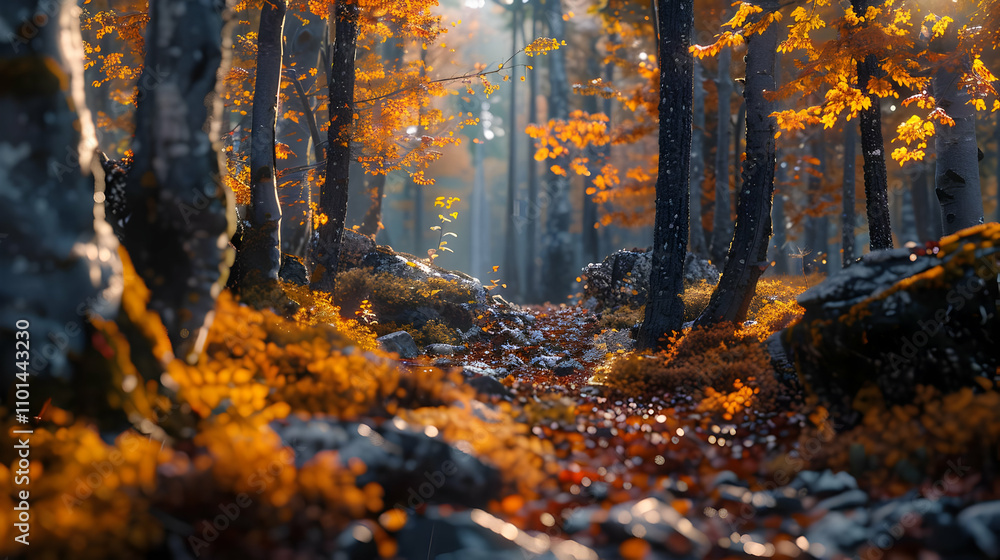 Fototapeta premium Autumn Forest 3D Illustration: Golden Leaves and Sunlit Path