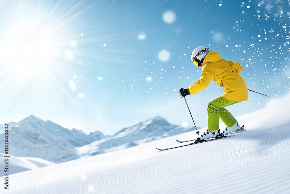 Caucasian male skiing down a snowy mountain slope on a sunny day Caucasian male skiing down a snowy mountain slope on a sunny day