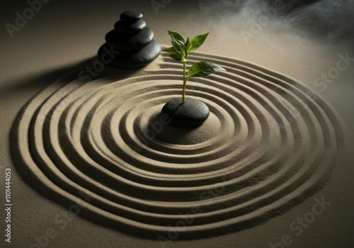 Zen garden with stone stacks and plant in sand patterns photo