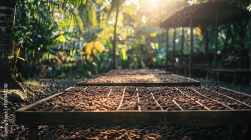 cocoa beans spread out evenly on large drying racks under natural sunlight