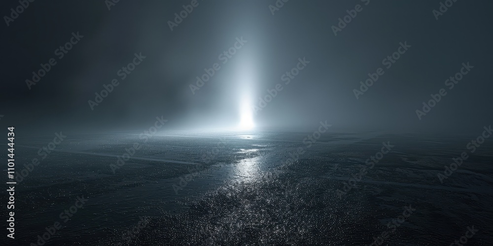 A single light beam illuminates a dark icy expanse A single light beam illuminates a dark icy expanse