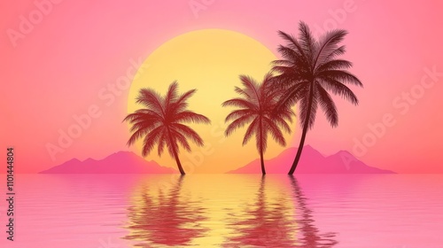 Retro Sunset:Palm Trees and Mountains in a Dreamy 80s Palette.Concept of Retro aesthetic,nostalgia,tropical paradise,escapism,summer vibes,Graphic design, digital art,fashion,advertising,tourism.