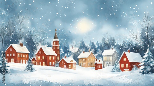 A charming illustration of a winter village with cozy houses, snow-covered trees and a peaceful atmosphere. Ideal for holiday greeting cards.