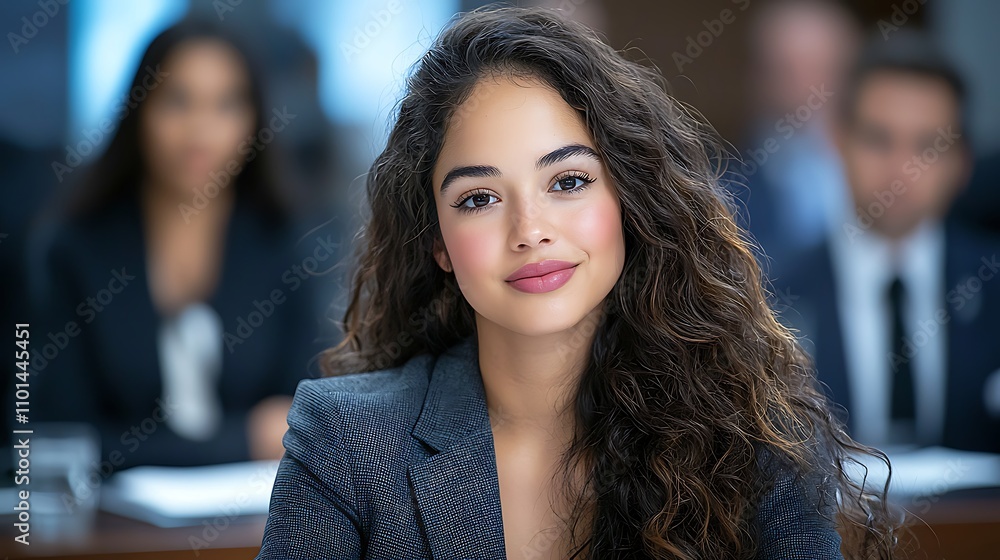 Fototapeta premium An employee, determined to seek justice for a wrongful termination, finds herself in court, presenting evidence and expertly articulating her case with the help of her legal team.