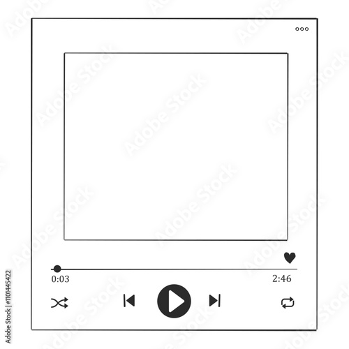 Video music player display frame, line doodle bar with buttons, progress line, sound. Hand drawn border, media window. Panel icon,
