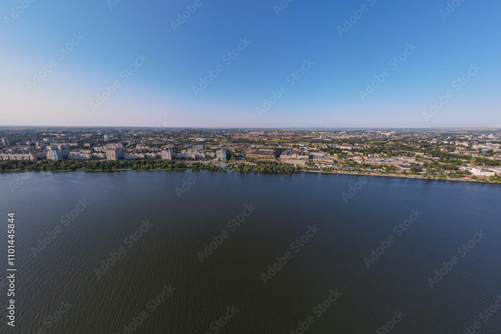 Fototapeta premium Dnepr, Ukraine. View of the left bank from the Dnieper River. Top view from a great height. Panoramic view of the city. Panoramic view of the city. Summer day. place to travel