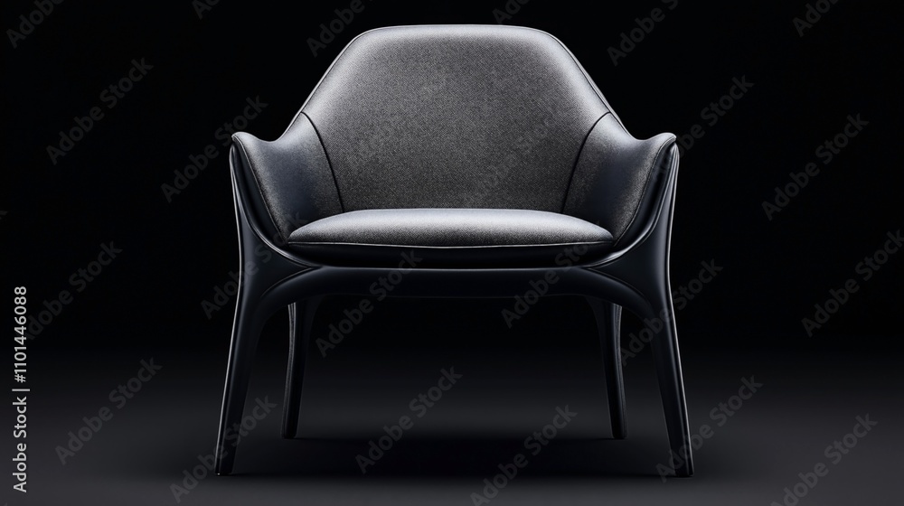 Naklejka premium Modern upholstered chair with sleek black design and curved armrests against a dark background, showcasing contemporary seating furniture.