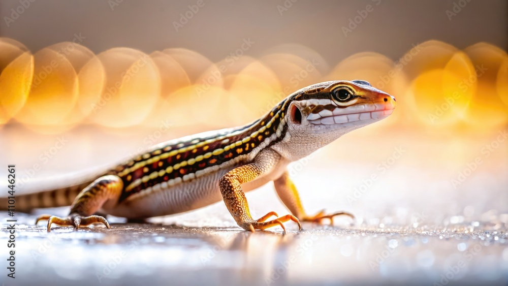 Naklejka premium Striped Lizard on White Surface - Detailed Scales and Alert Expression in Rule of Thirds Composition