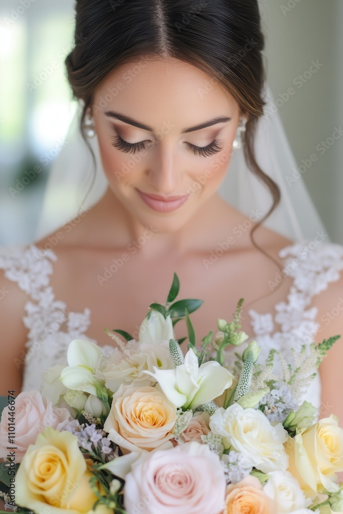 Naklejka premium Elegant Bride with Soft Makeup and Floral Bouquet Captures Timeless Beauty in a Natural Setting, Radiating Joy and Grace on Her Special Day