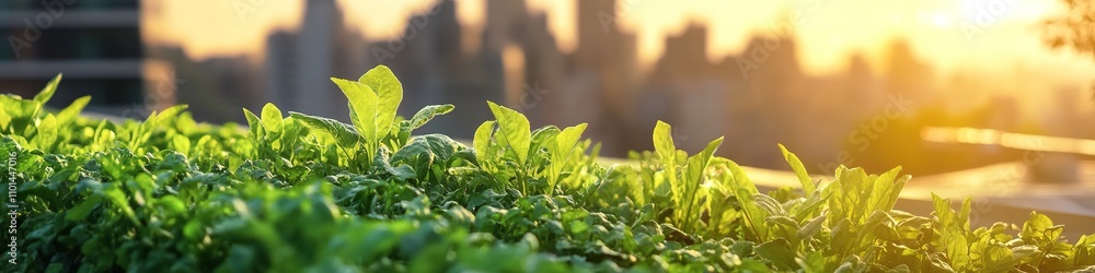 Obraz premium Sunlit green leaves with city skyline in background
