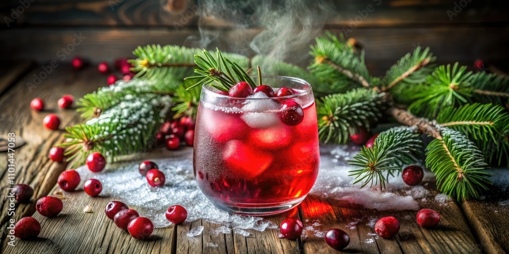 Surreal Cranberry Cocktail with Ice and Pine, Artistic Wooden Table Setting, Unique Holiday Drink Presentation, Festive Colors, Creative Beverage Photography Surreal Cranberry Cocktail with Ice and Pine, Artistic Wooden Table Setting, Unique Holiday Drink Presentation, Festive Colors, Creative Beverage Photography