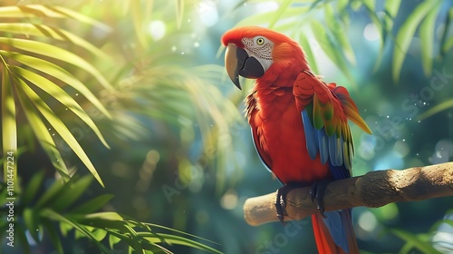 A parrot emoji perched on a branch on a bright tropical background photo