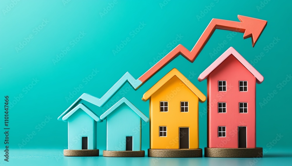 Colorful miniature houses with an upward arrow on a turquoise background, symbolizing the upward trend in real estate growth and market potential Colorful miniature houses with an upward arrow on a turquoise background, symbolizing the upward trend in real estate growth and market potential
