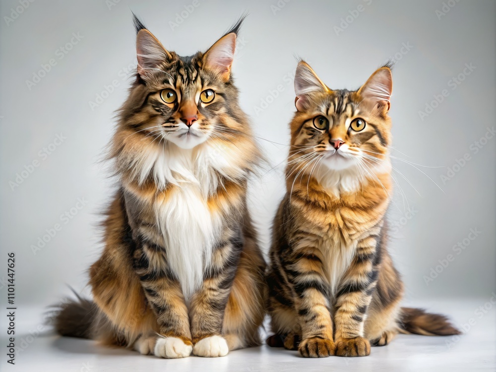 Two Maine Coon Cats in Tilt-Shift Photography on White Background Two Maine Coon Cats in Tilt-Shift Photography on White Background