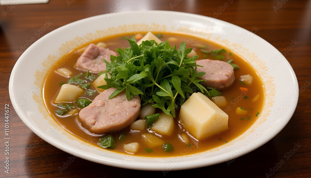 Delicious homemade stew featuring tender meat and fresh herbs in a rich broth served in a cozy dining setting Delicious homemade stew featuring tender meat and fresh herbs in a rich broth served in a cozy dining setting