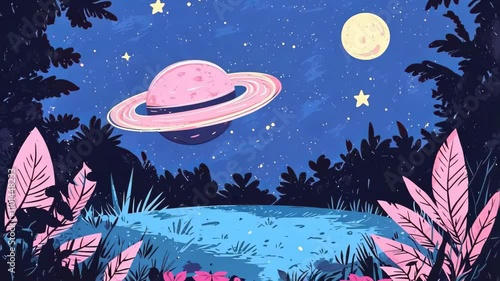 Watercolor illustration lullaby Theme, Serene Night Landscape with Saturn, Moon, Stars, and Vibrant Foliage