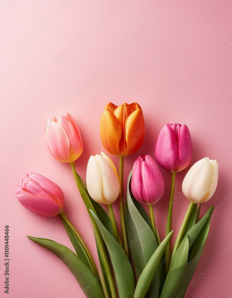 A bouquet of colorful tulips on a pink background. A bouquet of colorful tulips on a pink background.