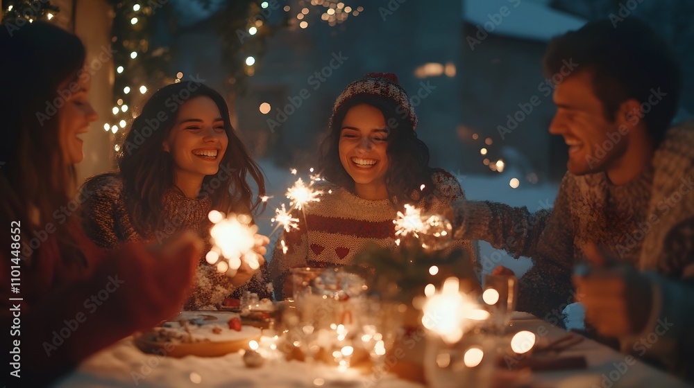Friends celebrating christmas with sparklers and festive lights Friends celebrating christmas with sparklers and festive lights