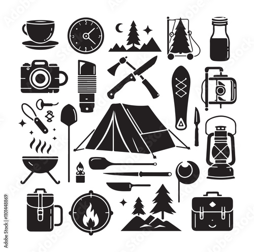 Camping elements set silhouette vector illustration 