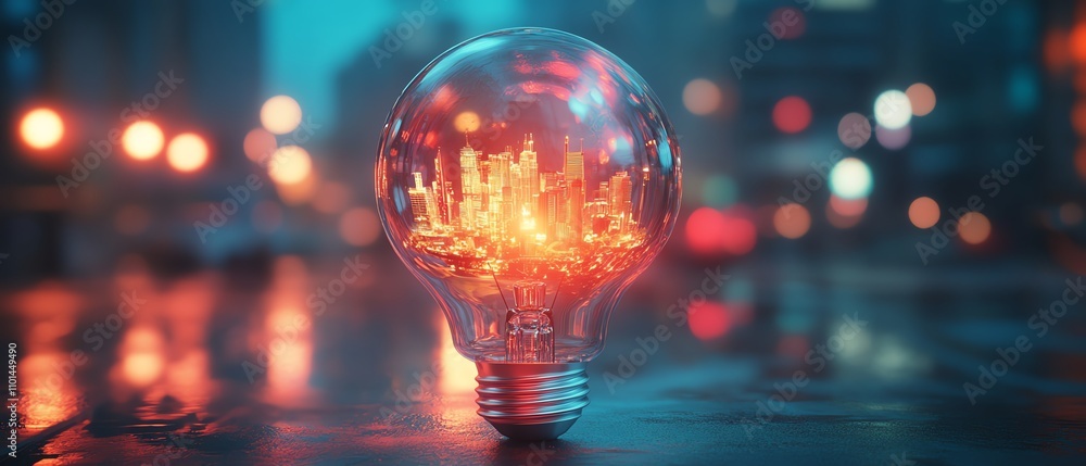 Lightbulb with a detailed cityscape inside, glowing on a bright background, representing innovation, progress, and bright ideas in 3D rendering Lightbulb with a detailed cityscape inside, glowing on a bright background, representing innovation, progress, and bright ideas in 3D rendering