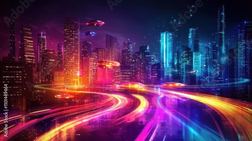 Futuristic city with neon-lit buildings and flying cars glowing vibrantly